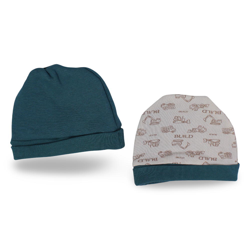Baby Boys Cotton Beanie – Greenblue & Beige with "Build" Design (Pack of 2)