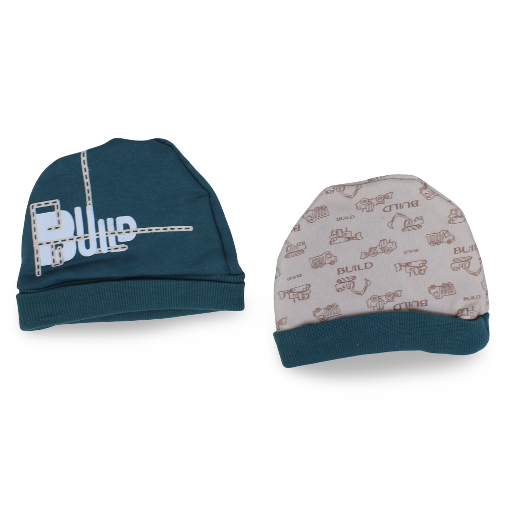 Baby Boys Cotton Beanie – Greenblue & Beige with "Build" Design (Pack of 2)