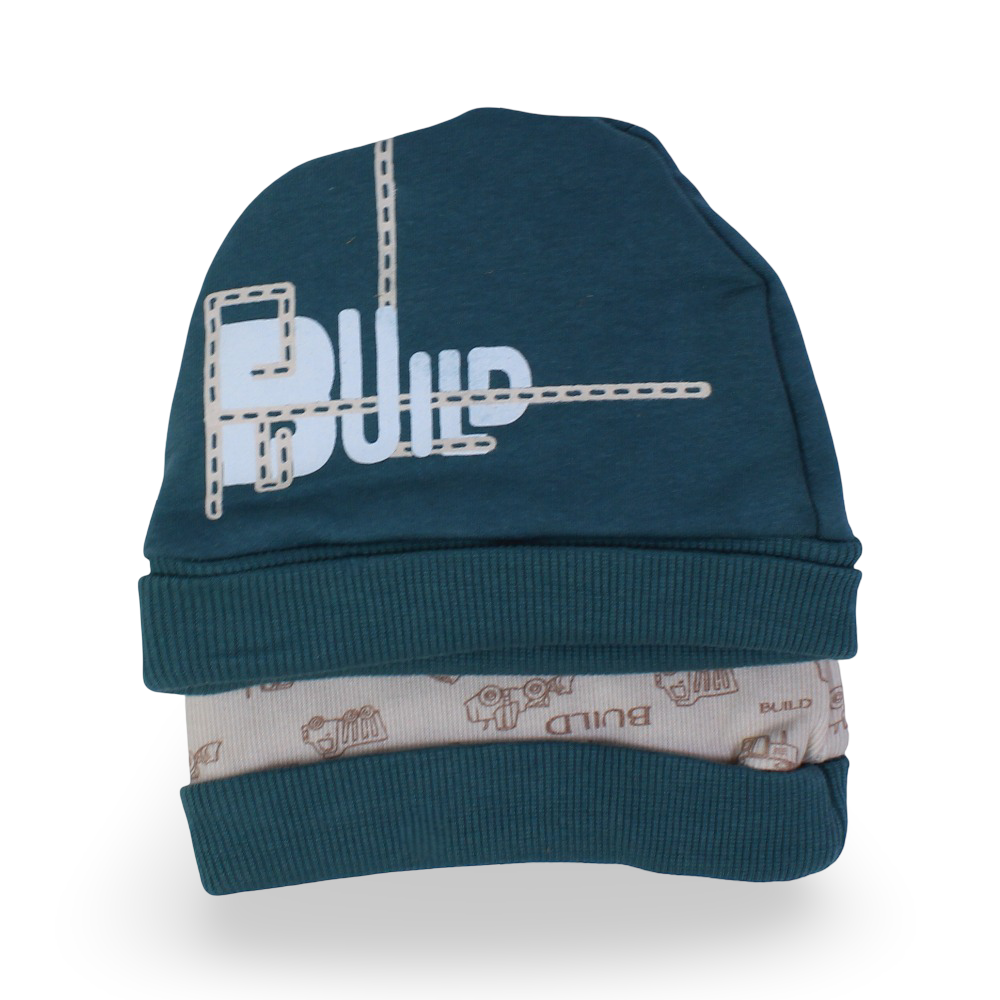 Baby Boys Cotton Beanie – Greenblue & Beige with "Build" Design (Pack of 2)