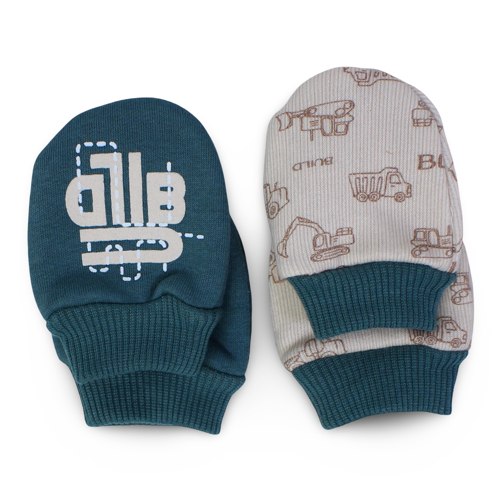 Baby Boys Cotton Hand Mittens – Green & Beige with "Build" Design (Pack of 2)