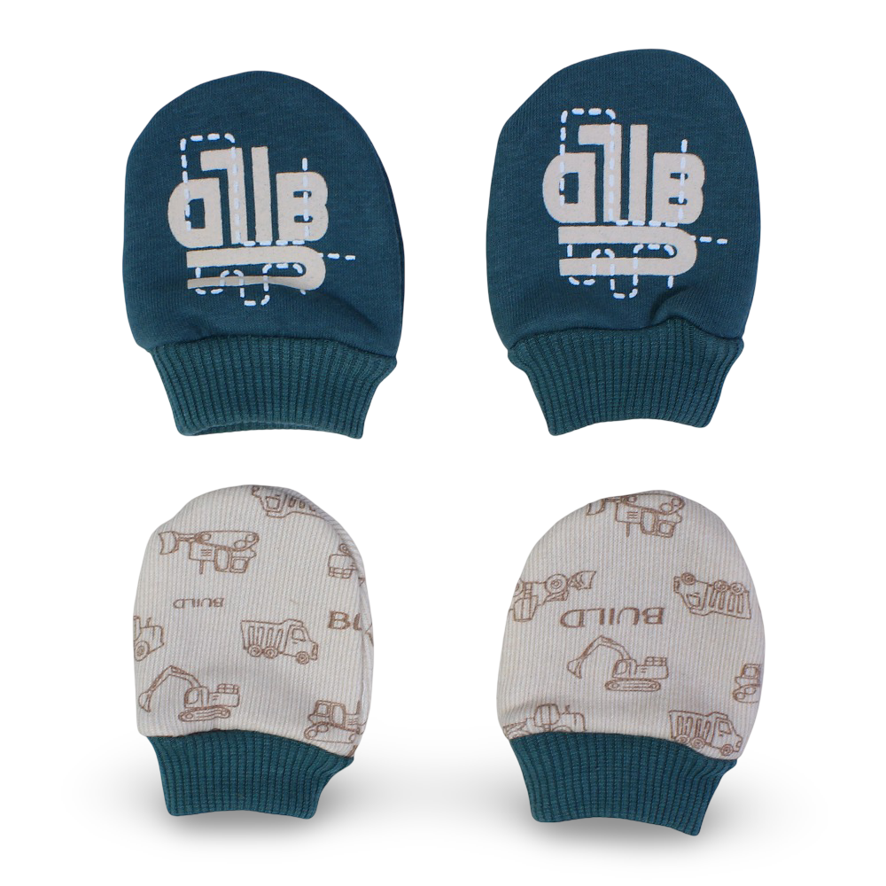 Baby Boys Cotton Hand Mittens – Green & Beige with "Build" Design (Pack of 2)