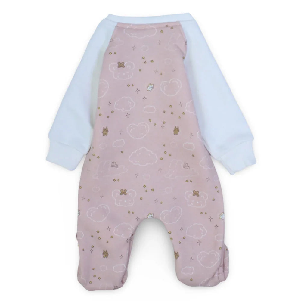 Baby Girls Cotton Baby Footie – Pink with Stars & Clouds Design