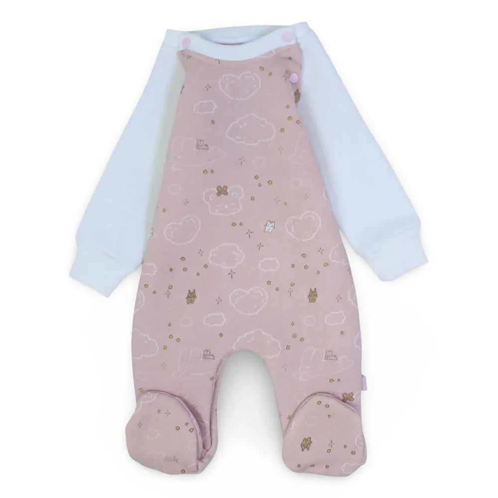 Baby Girls Cotton Baby Footie – Pink with Stars & Clouds Design