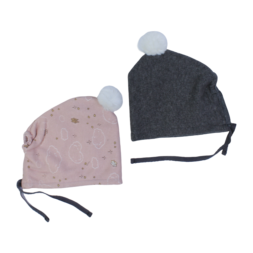 Baby Girls Cotton Beanie – Pink & Grey with Stars & Clouds Design (Pack of 2)