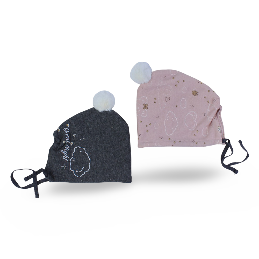 Baby Girls Cotton Beanie – Pink & Grey with Stars & Clouds Design (Pack of 2)