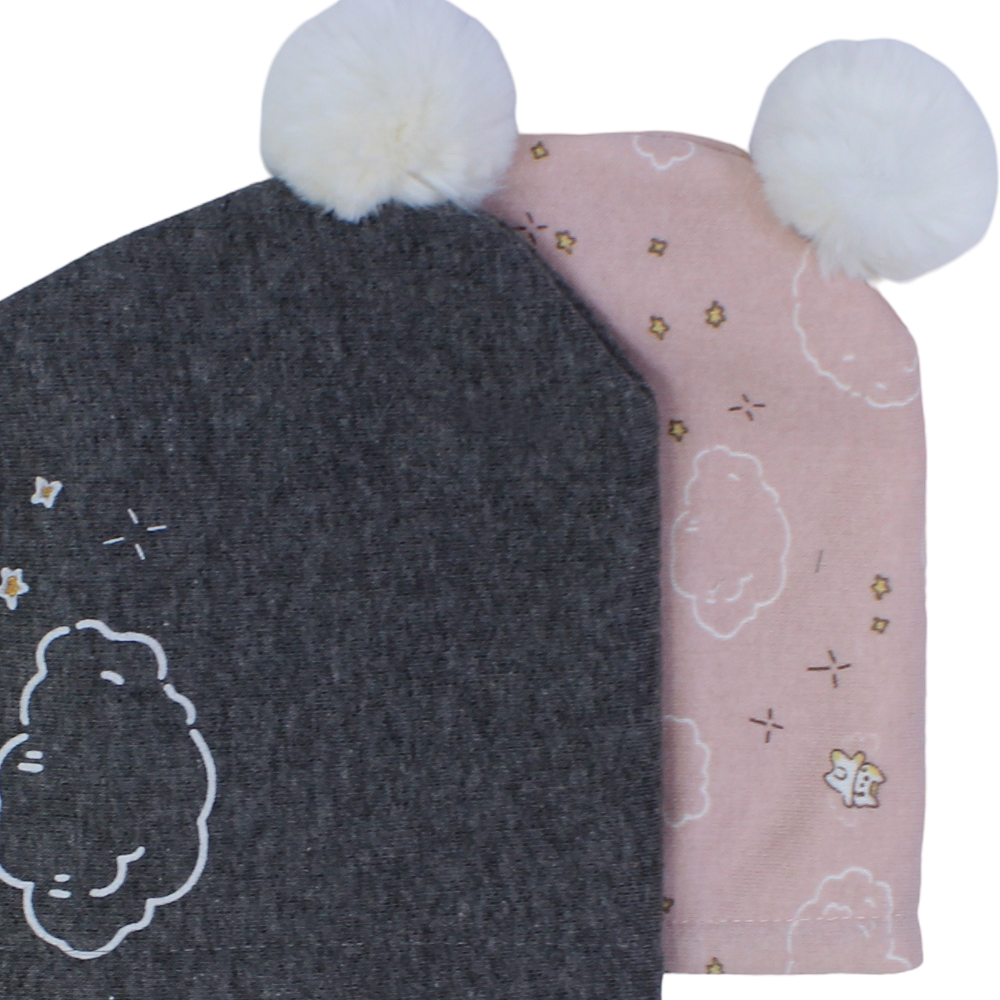 Baby Girls Cotton Beanie – Pink & Grey with Stars & Clouds Design (Pack of 2)