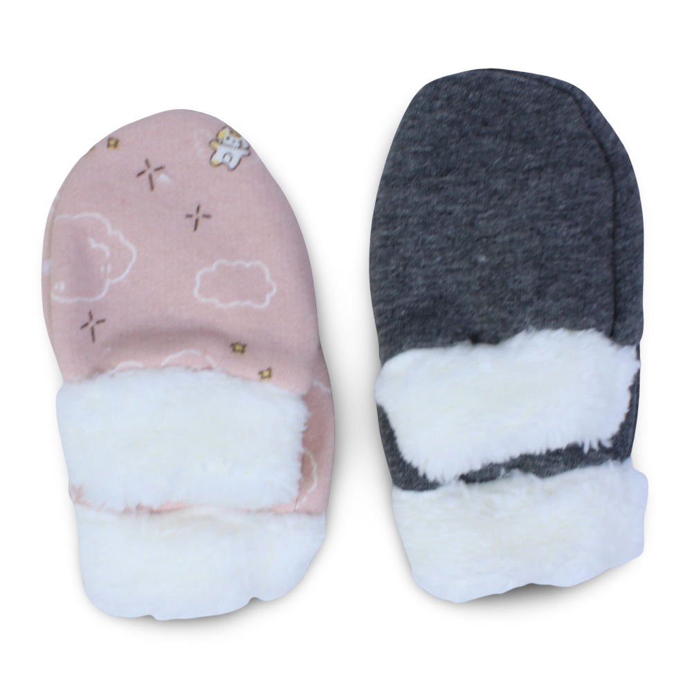 Baby Girls Cotton Hand Mittens – Pink & Grey with Fur Lining (Pack of 2)