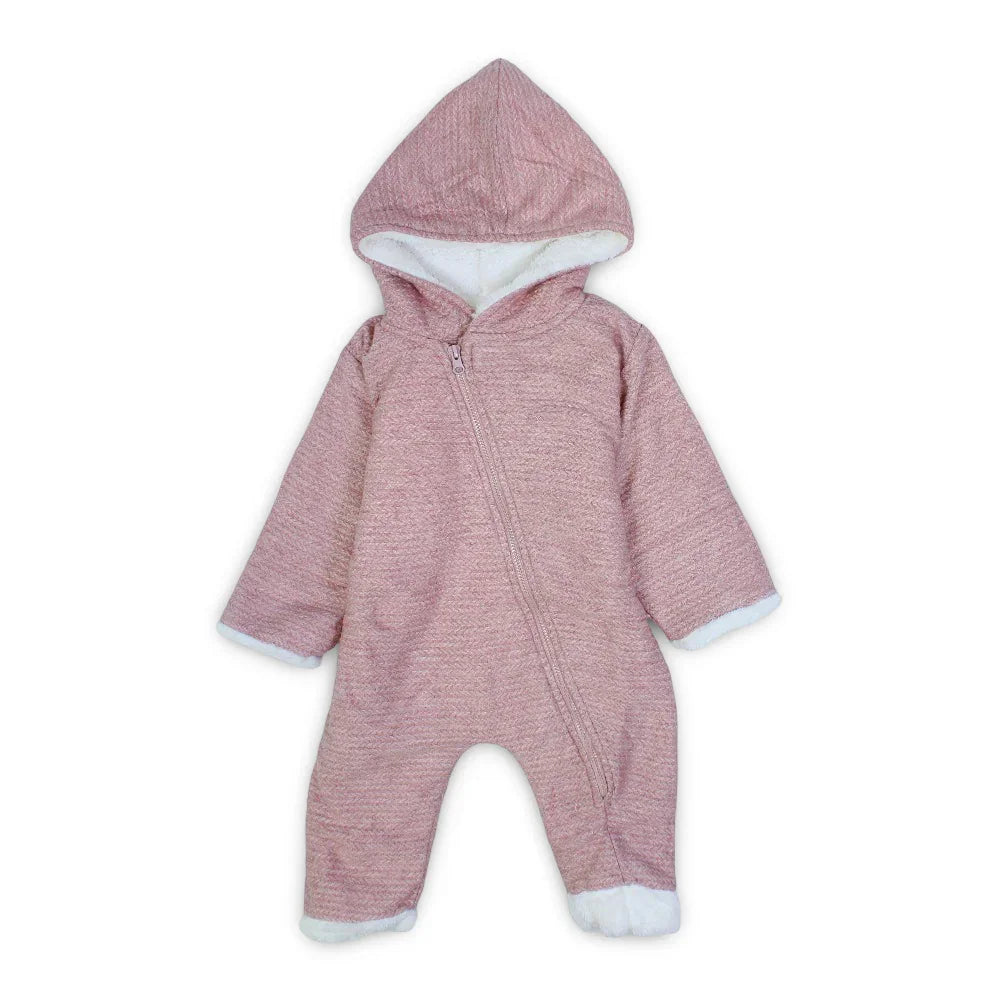 Baby Girls Hooded Footless Onesie – Pink with Fur Lining