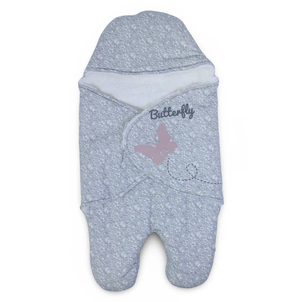 Baby Girls Swaddle – Grey with Butterfly Design & Fur Lining