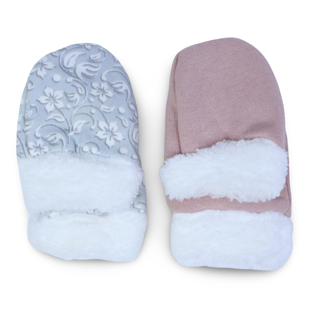Baby Girls Hand Mittens – Pink & Grey with Fur Lining (Pack of 2)