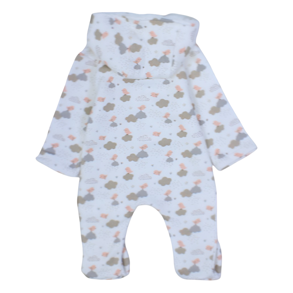 Baby Girls Hooded Baby Footie – Off-White with Birds & Clouds Design
