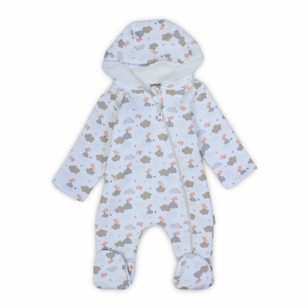 Baby Girls Hooded Baby Footie – Off-White with Birds & Clouds Design