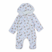 Baby Girls Hooded Baby Footie – Off-White with Birds & Clouds Design