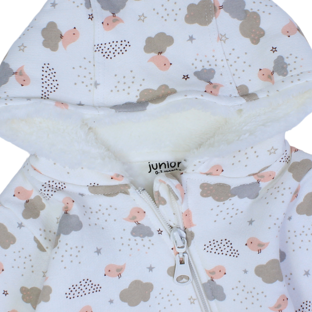 Baby Girls Hooded Baby Footie – Off-White with Birds & Clouds Design