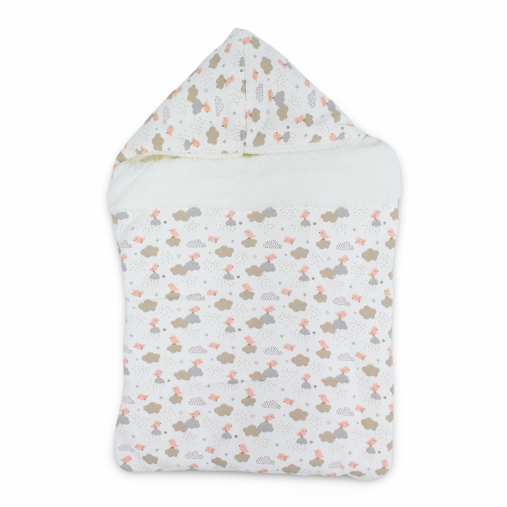 Baby Girls Cotton Sleeping Bag – Off-White with Cute Birds & Clouds Design
