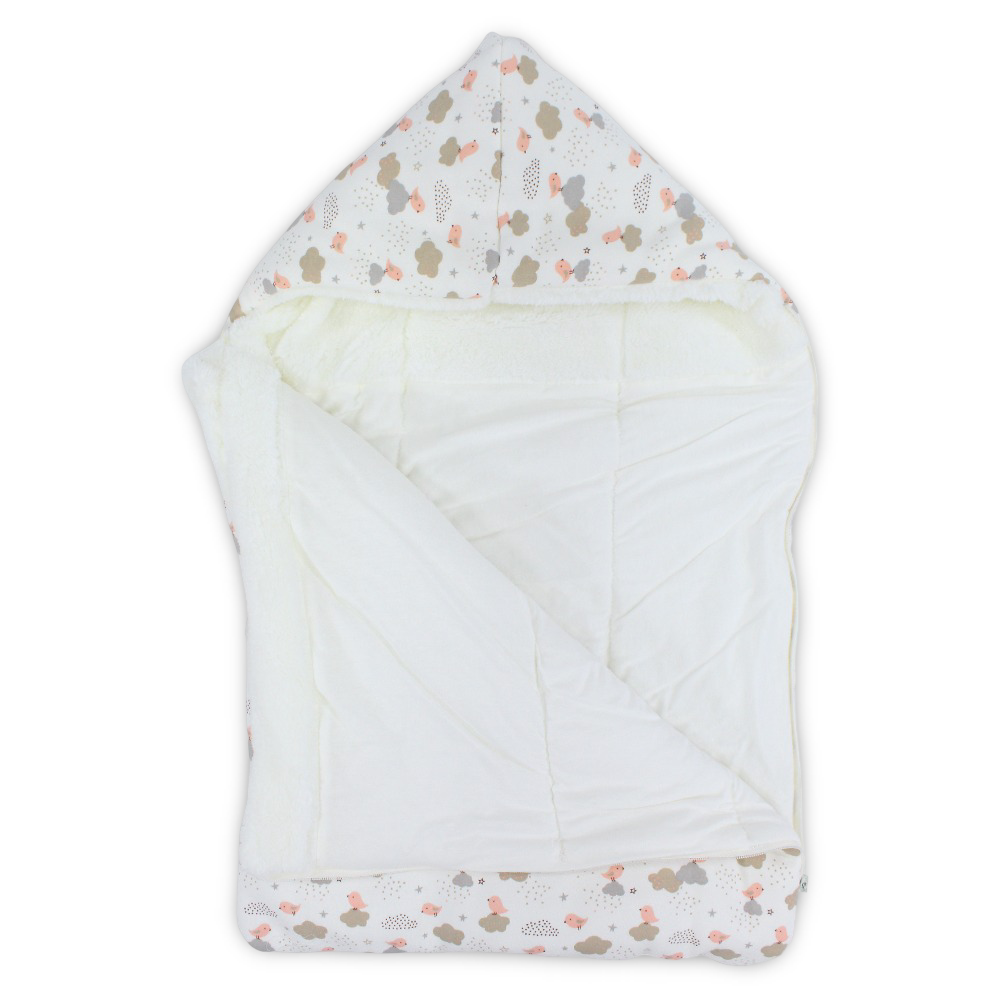Baby Girls Cotton Sleeping Bag – Off-White with Cute Birds & Clouds Design