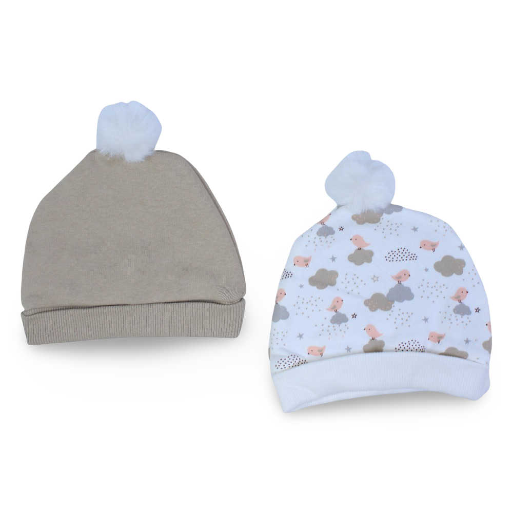 Baby Girls Cotton Beanie – Off-White & Beige with Birds Design