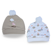 Baby Girls Cotton Beanie – Off-White & Beige with Birds Design