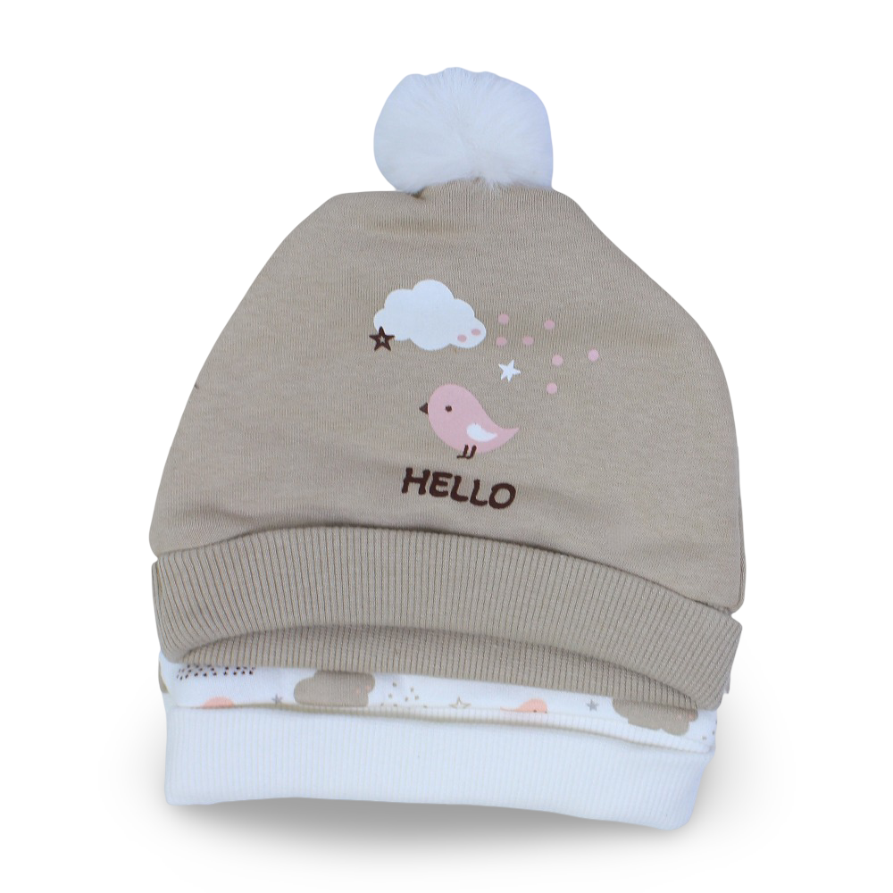 Baby Girls Cotton Beanie – Off-White & Beige with Birds Design