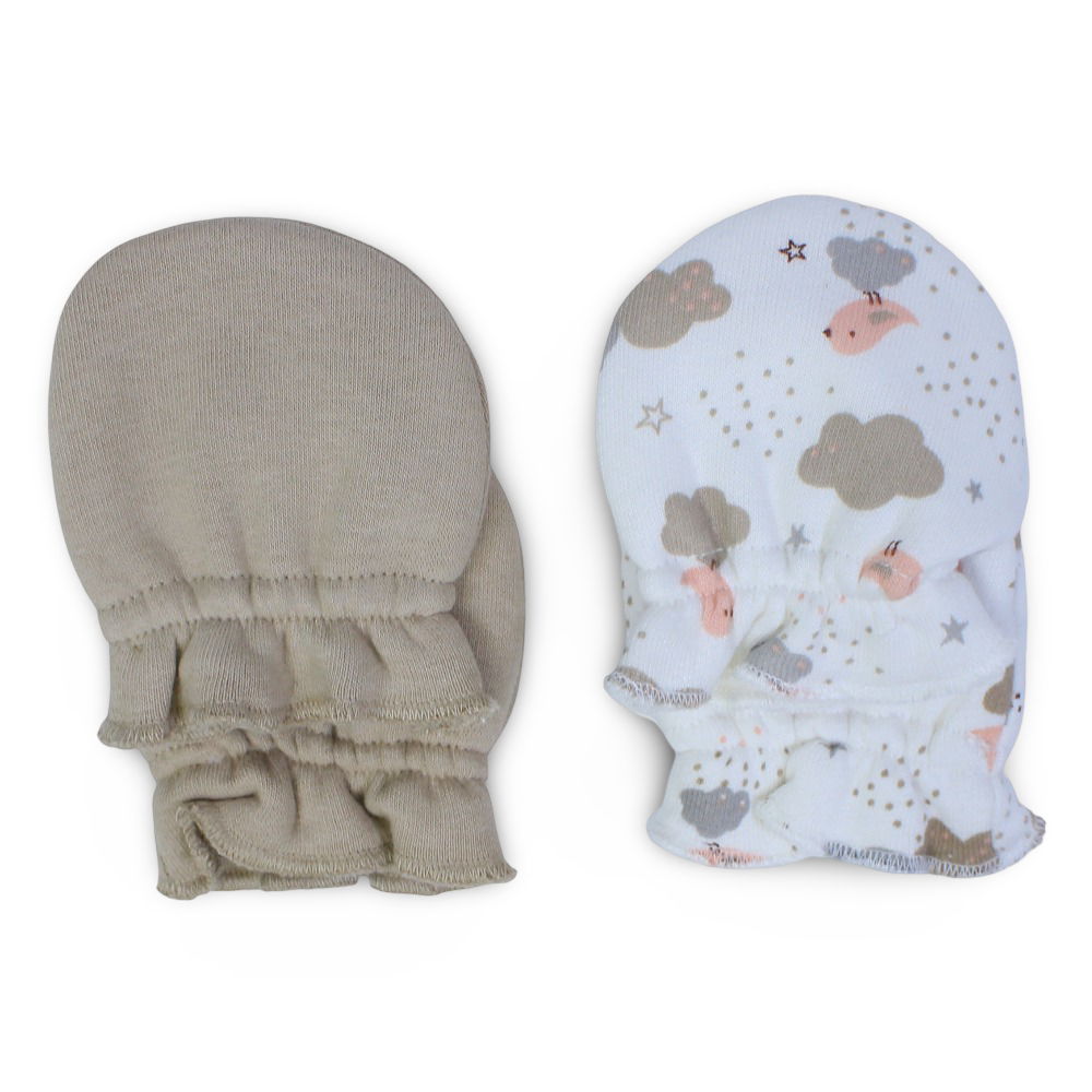 Baby Girls Hand Mittens – Off-White & Beige with Birds Design