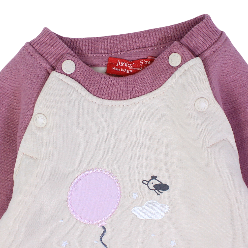 Baby Girls Cotton Baby Footie – Beige with Bunny & Balloon Design