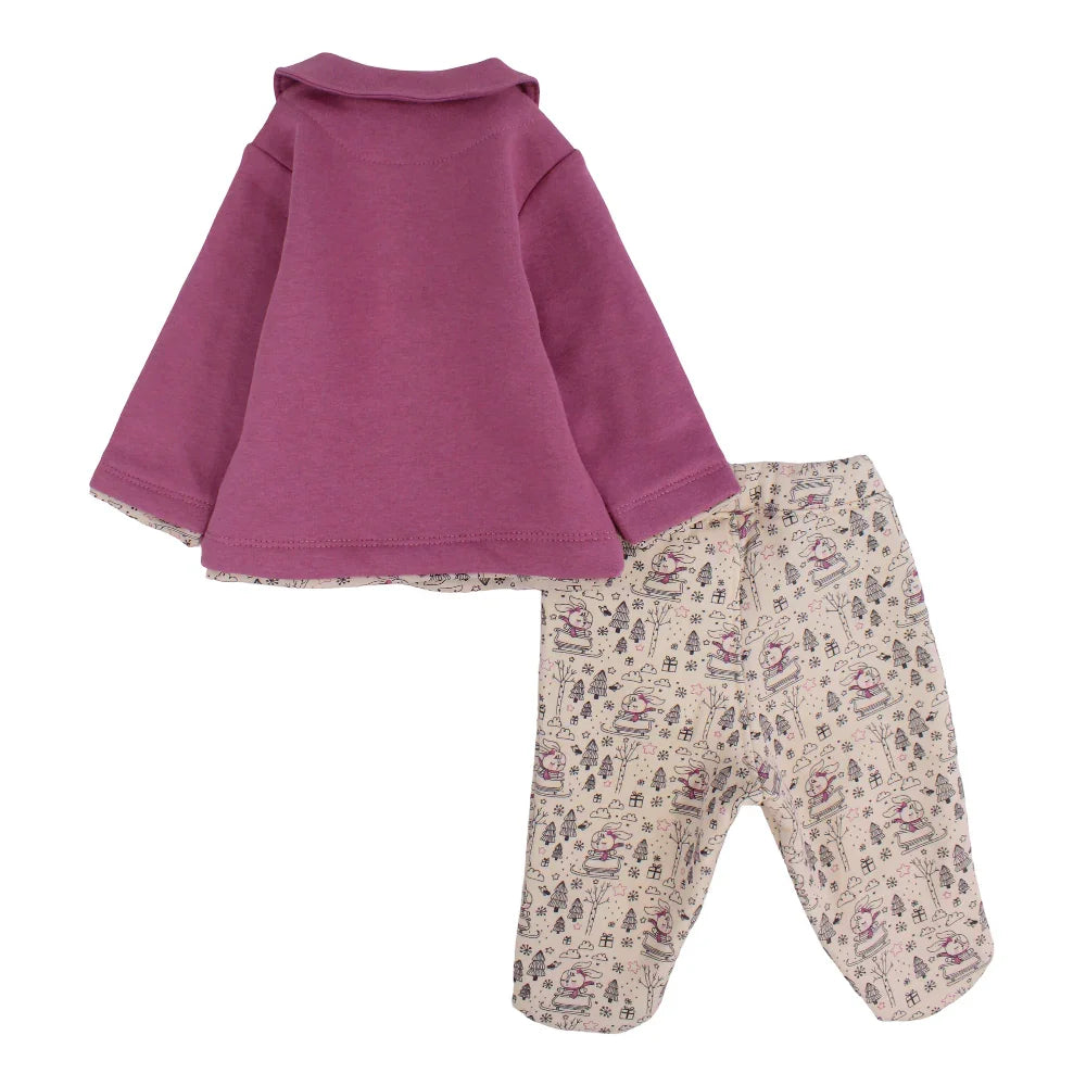 Baby Girls Cotton Pajama Set – Dusty Pink with Funny Bunny Print