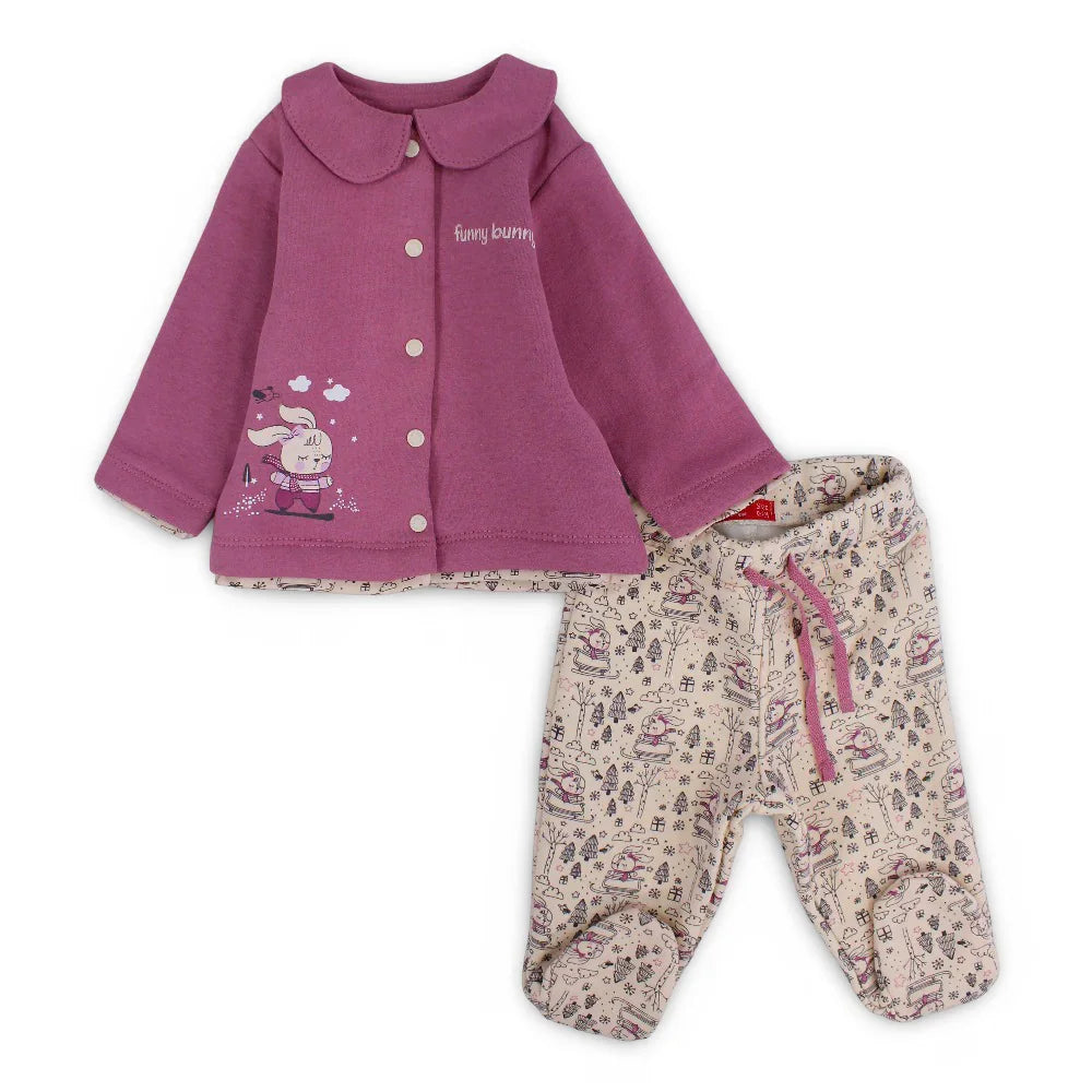Baby Girls Cotton Pajama Set – Dusty Pink with Funny Bunny Print