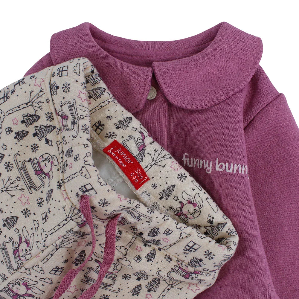 Baby Girls Cotton Pajama Set – Dusty Pink with Funny Bunny Print