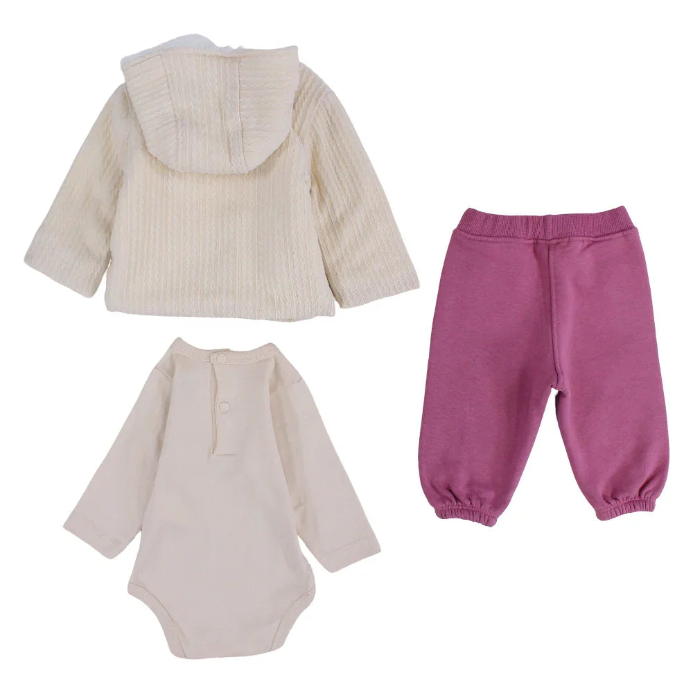 Baby Girls Wool Hooded 3-Piece Pajama Set – Beige with Rabbit Design