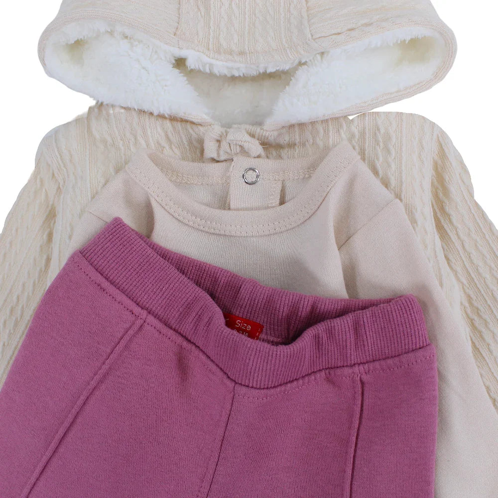 Baby Girls Wool Hooded 3-Piece Pajama Set – Beige with Rabbit Design