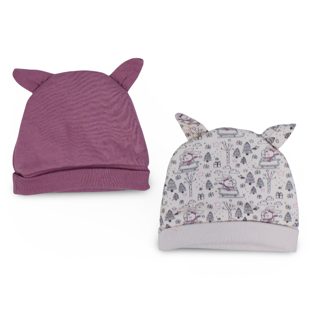 Baby Girls Cotton Beanie – Beige & Dusty Pink with Bunny Design