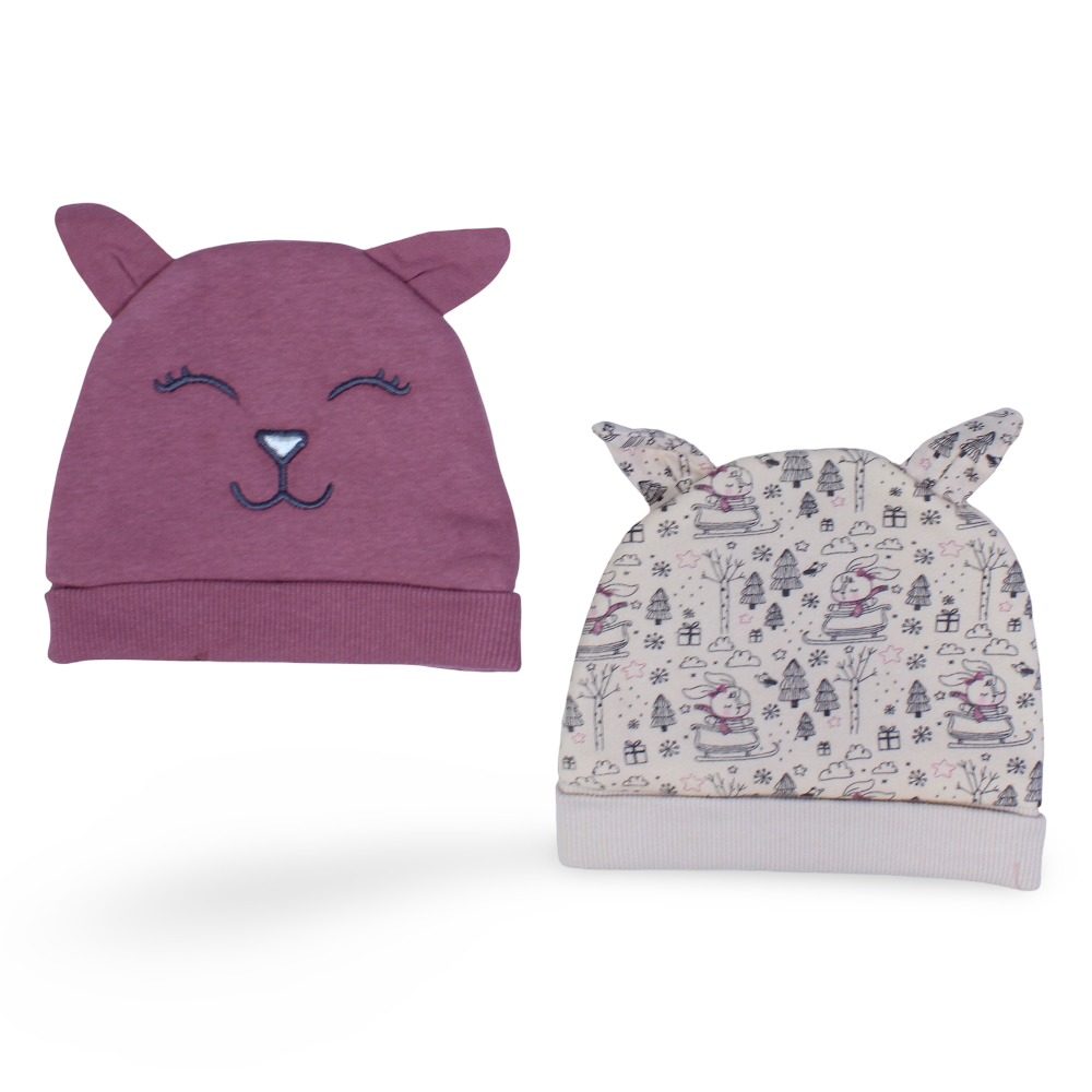 Baby Girls Cotton Beanie – Beige & Dusty Pink with Bunny Design