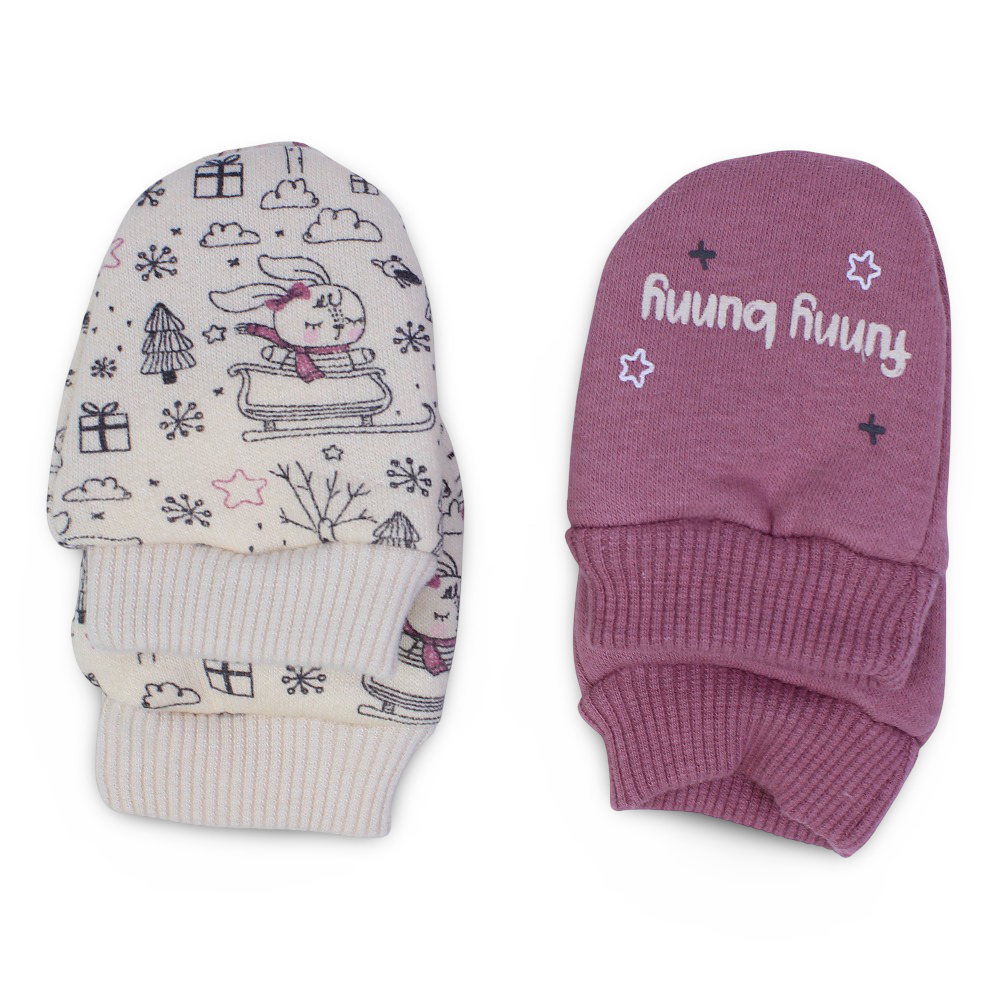 Baby Girls Cotton Hand Mittens – Beige & Dusty Pink with Bunny Design