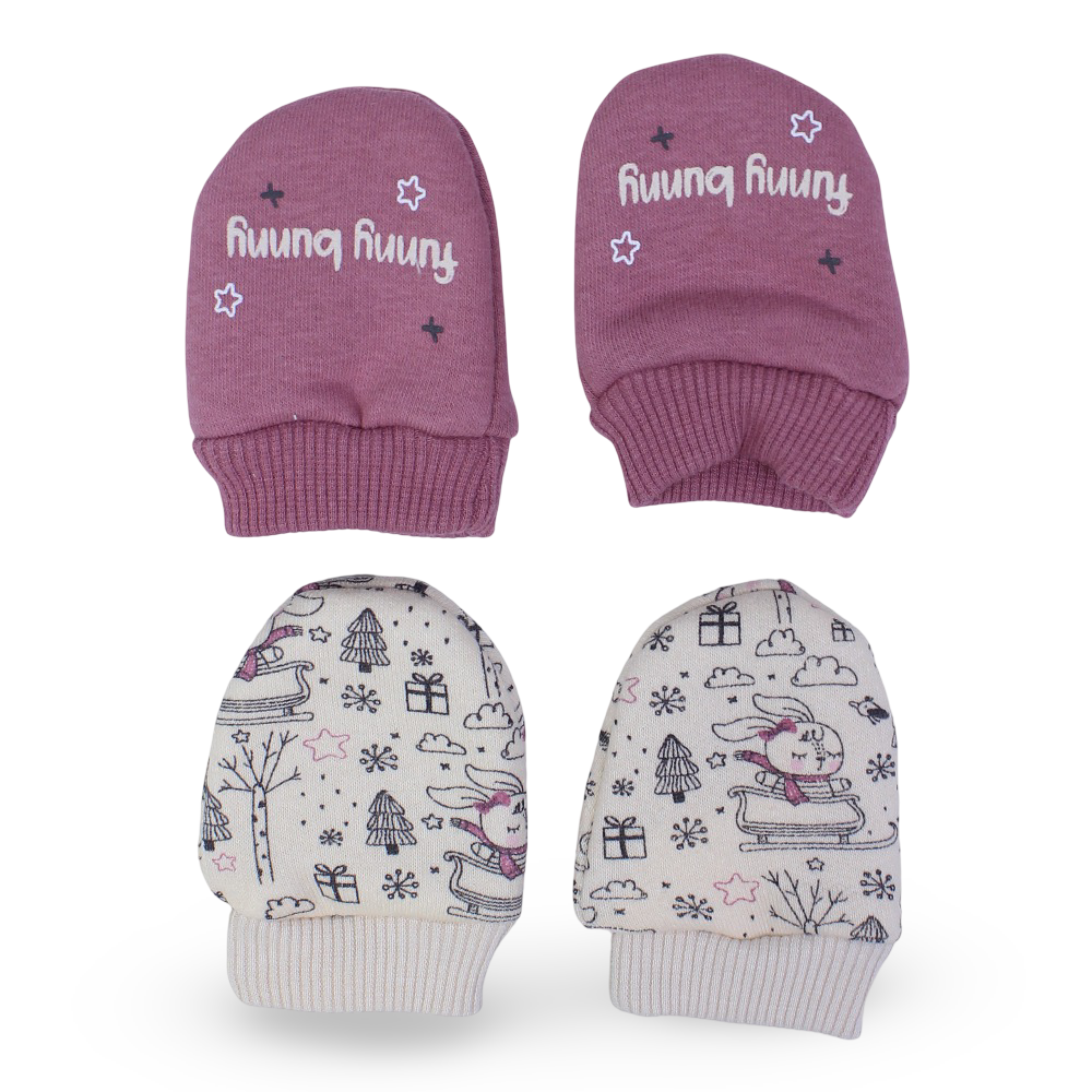 Baby Girls Cotton Hand Mittens – Beige & Dusty Pink with Bunny Design