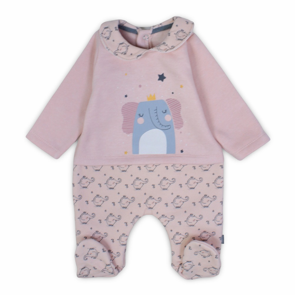 Baby Girls Cotton Baby Footie – Pink with Elephant Design
