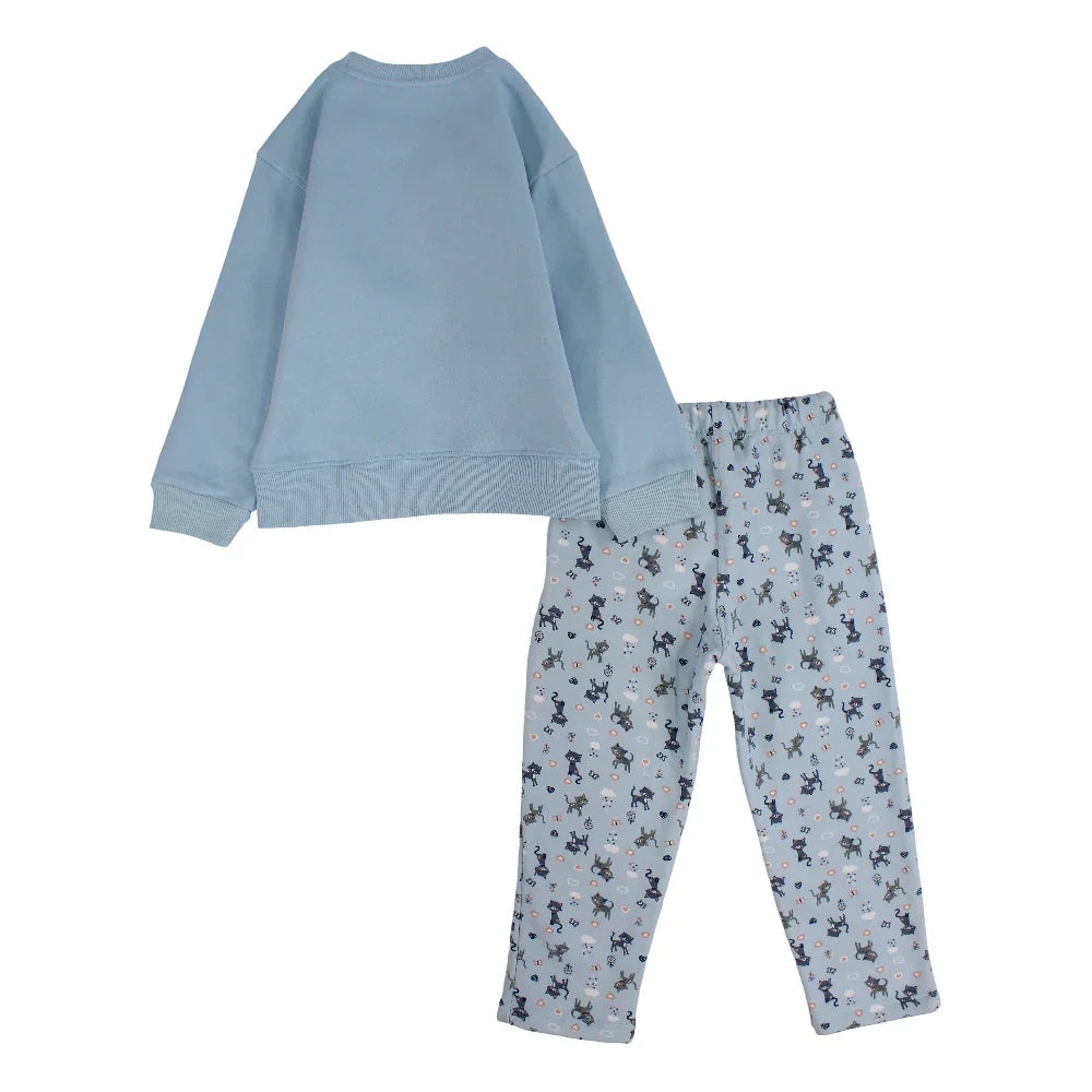 Girls Cotton Pajama Set – Baby Blue with "Young, Wild & Free" Design