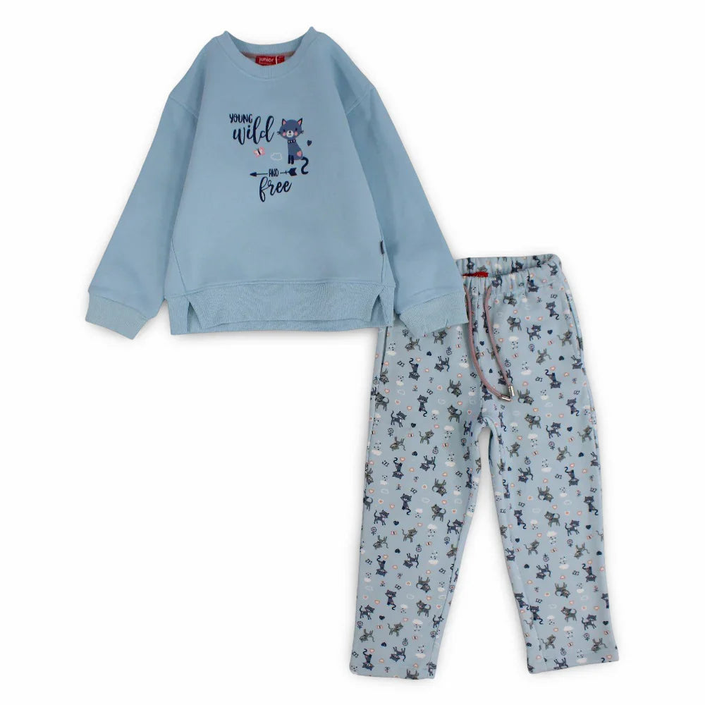 Girls Cotton Pajama Set – Baby Blue with "Young, Wild & Free" Design