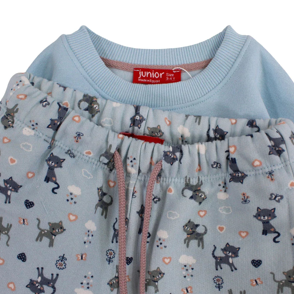 Girls Cotton Pajama Set – Baby Blue with "Young, Wild & Free" Design
