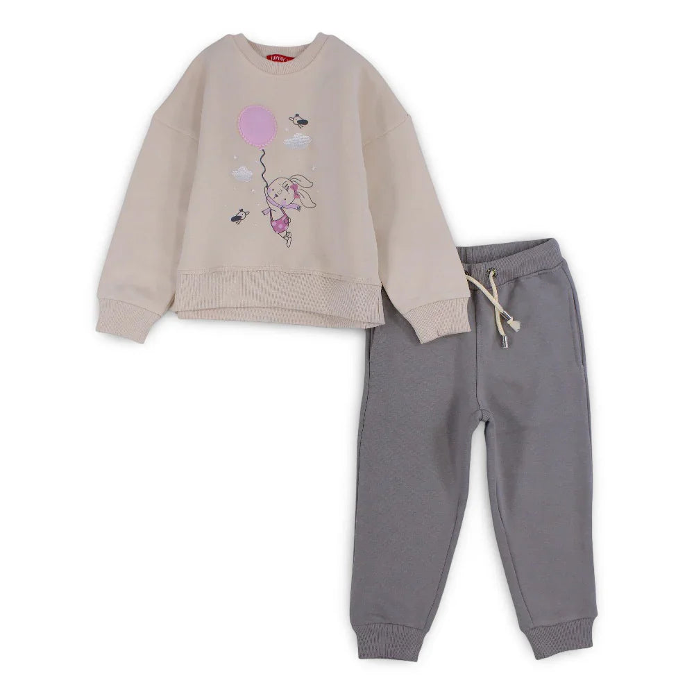 Girls Cotton Pajama Set – Beige with Bunny and Balloon Design