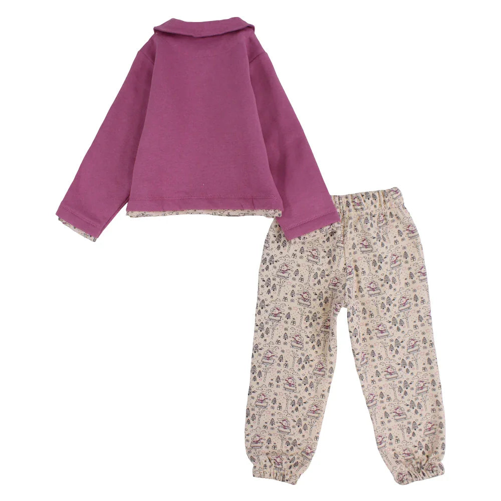 Girls Cotton Pajama Set – Dusty Pink with Funny Bunny Print