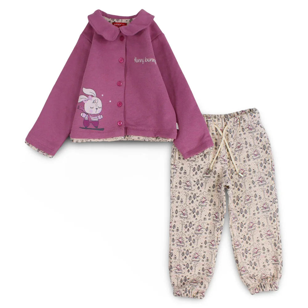 Girls Cotton Pajama Set – Dusty Pink with Funny Bunny Print