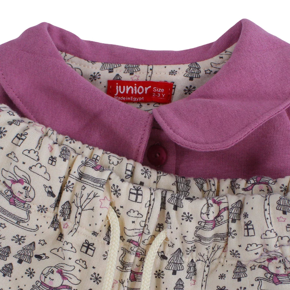 Girls Cotton Pajama Set – Dusty Pink with Funny Bunny Print