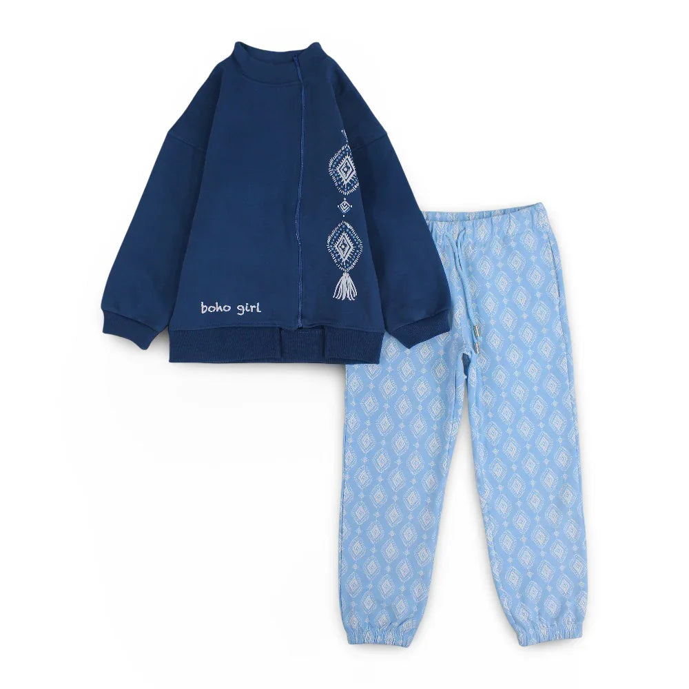 Girls Cotton Pajama Set – Dark Blue with “Boho Girl“ Design