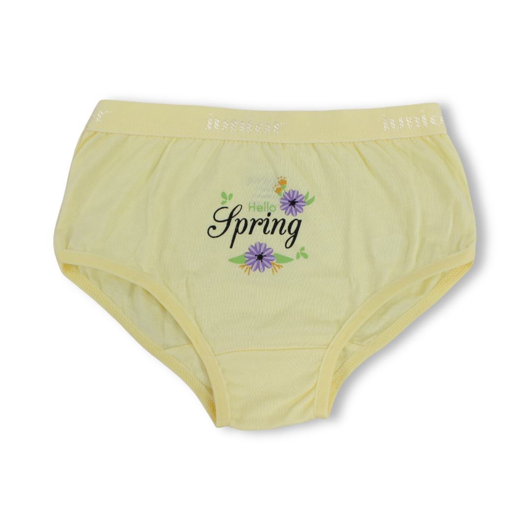 Girls Cotton Pantie – Yellow with "Spring" Print