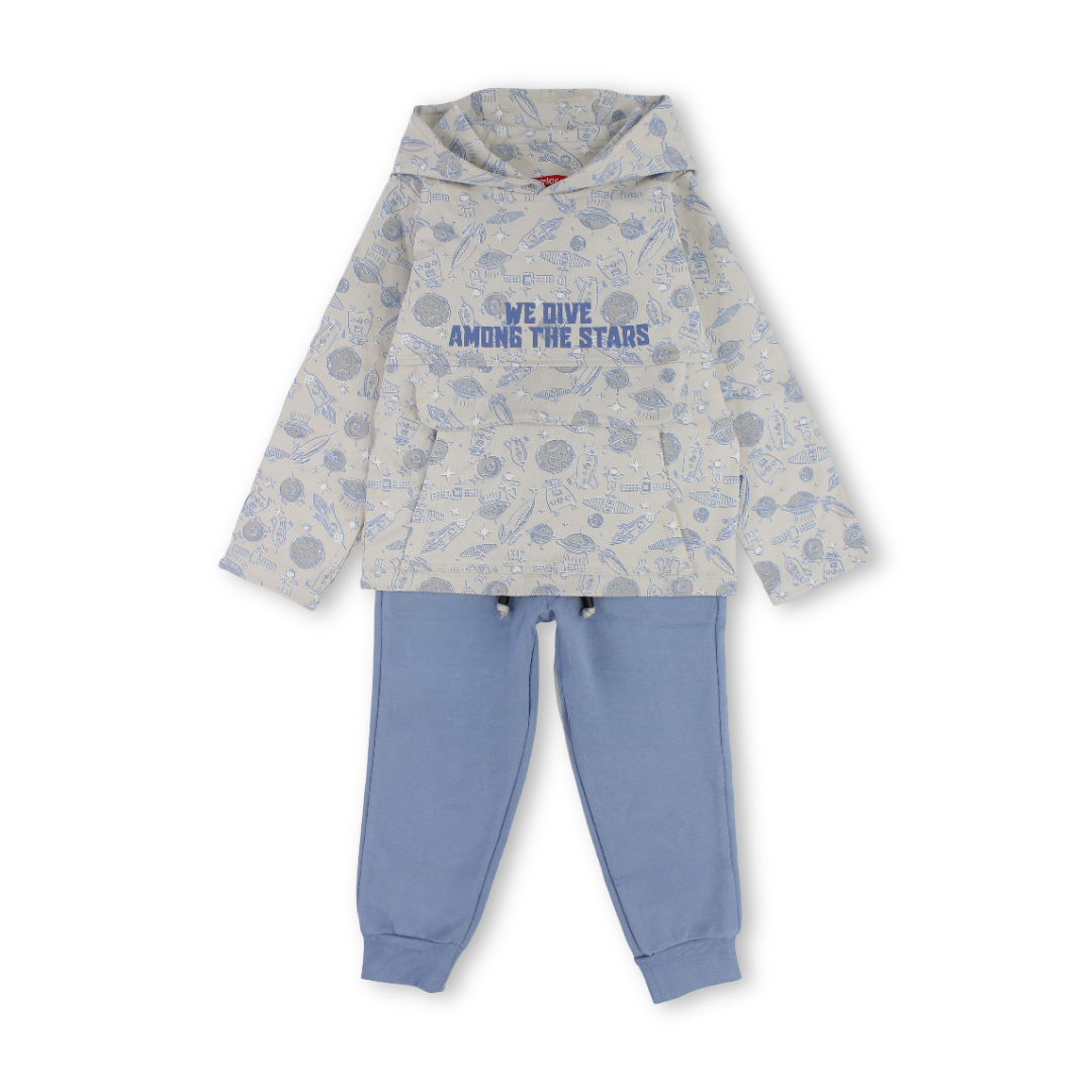 Boys Cotton Hooded Pajama – Grey with "We Dive Among the Stars" Print