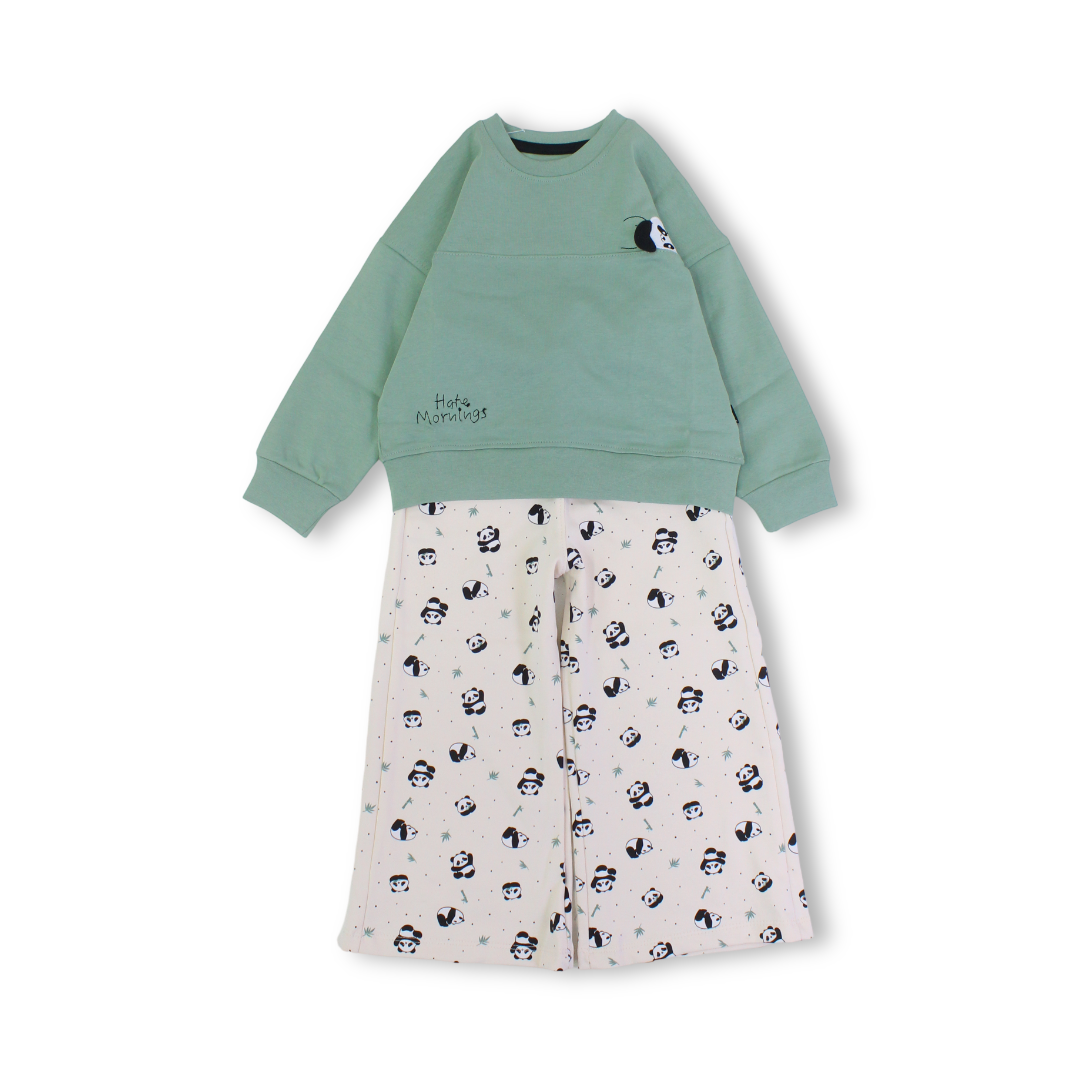 Girls Cotton Long-Sleeved Pajama – Mint Green with Panda Print