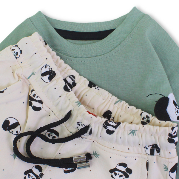 Girls Cotton Long-Sleeved Pajama – Mint Green with Panda Print