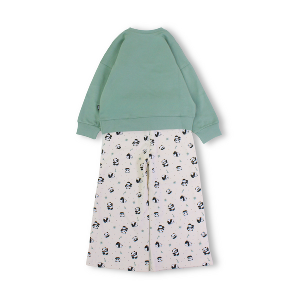 Girls Cotton Long-Sleeved Pajama – Mint Green with Panda Print