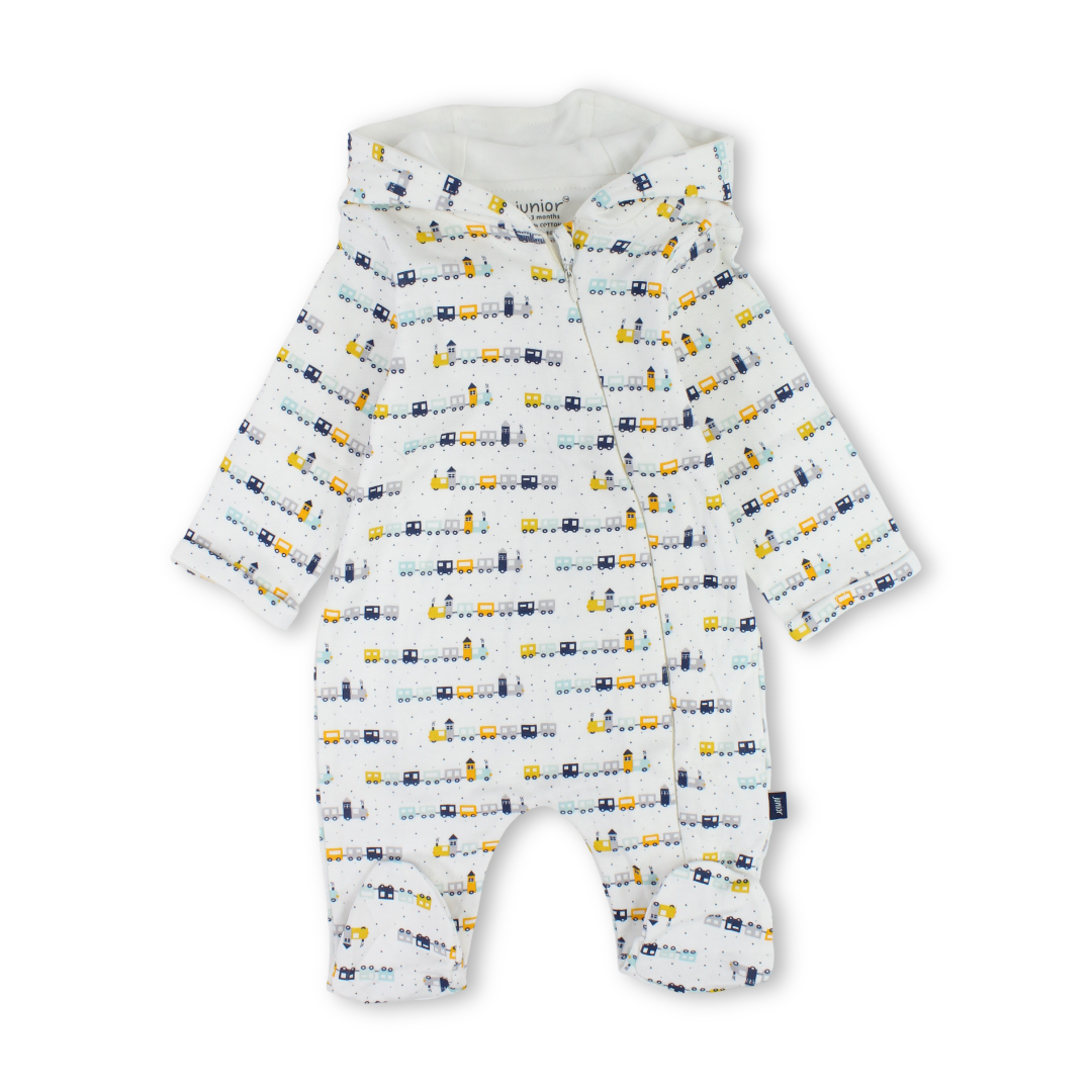Baby Boys Cotton Baby Footie – Off-White with Trains Print