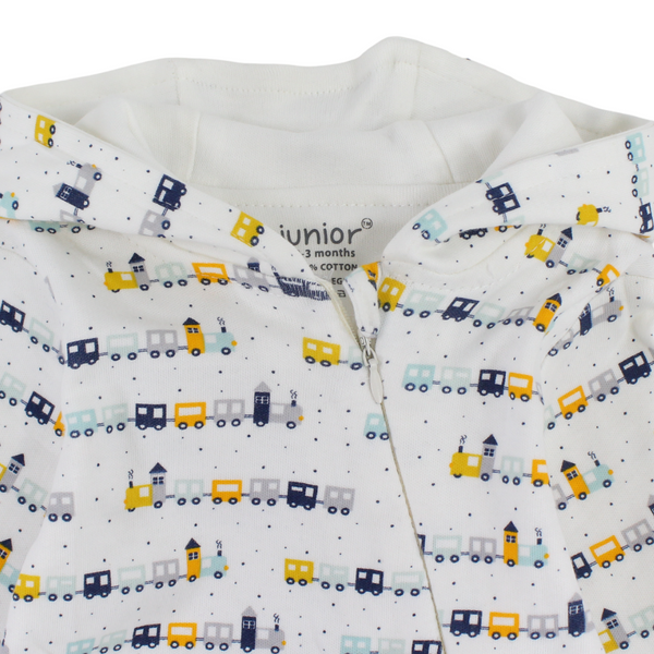 Baby Boys Cotton Baby Footie – Off-White with Trains Print